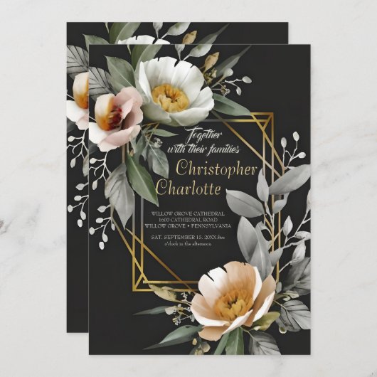 金ゴールドエレガントブルゴーニュ赤と黒のフローラ結婚 招待状 (正面/裏面)