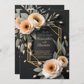 金ゴールドエレガントブルゴーニュ赤と黒のフローラ結婚 招待状 (正面/裏面)