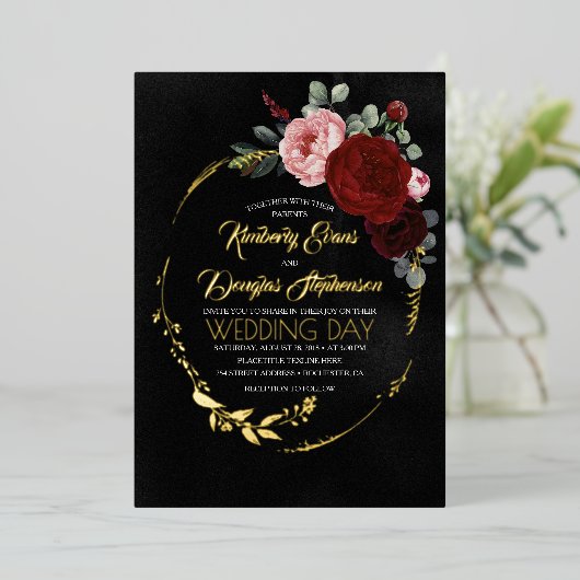 金ゴールドエレガントブルゴーニュ赤と黒のフローラ結婚 箔招待状 (立ち正面)