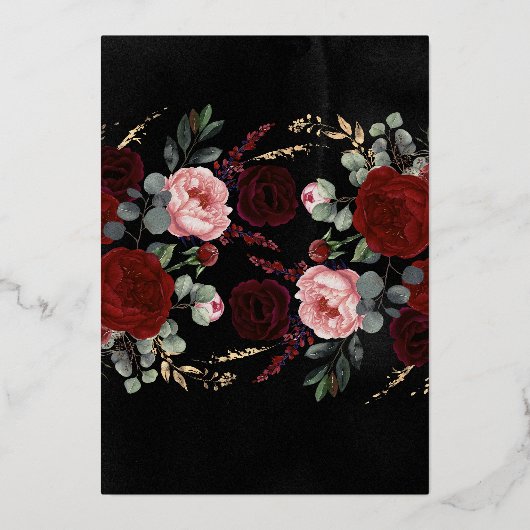 金ゴールドエレガントブルゴーニュ赤と黒のフローラ結婚 箔招待状 (裏面)