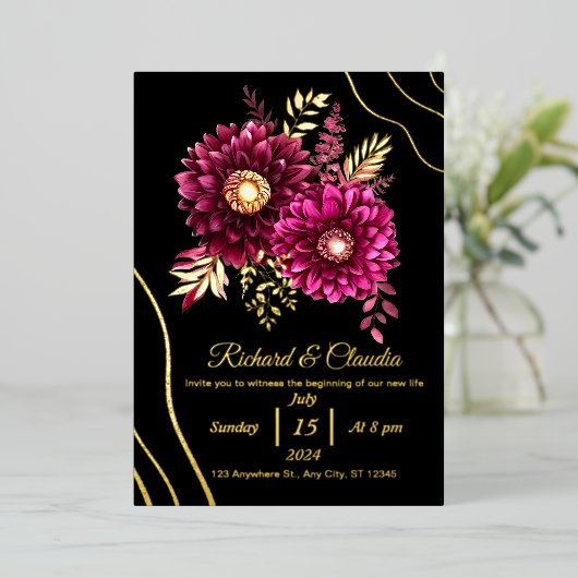 金ゴールドエレガントブルゴーニュ赤と黒のフローラ結婚 箔招待状 (立ち正面)