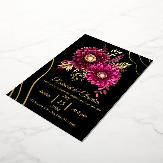 金ゴールドエレガントブルゴーニュ赤と黒のフローラ結婚 箔招待状 (回転した状態)