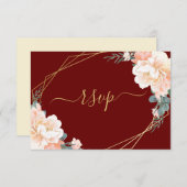 金ゴールドエレガントブルゴーニュ赤面ピーチフローラズ結婚 出欠カード (正面/裏面)