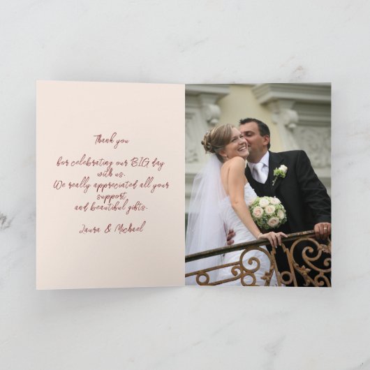 金ゴールドエレガントブルゴーニュ・ピンク結婚ローズの写真 サンキューカード (内部)