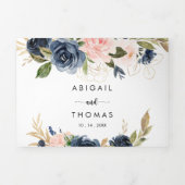 金ゴールドエレガントブルーのフローラ結婚の 三つ折り招待状 (カバー)