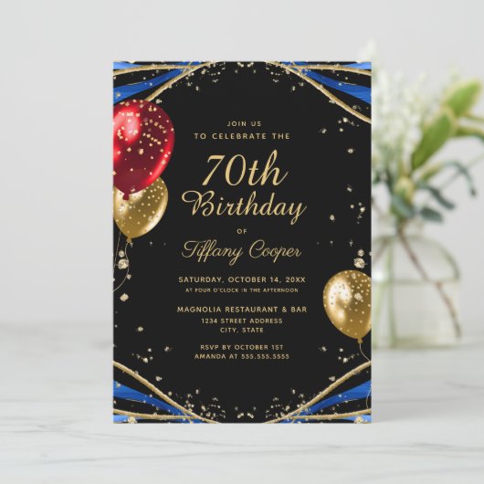 金ゴールドエレガントブルーアゲート70誕生日 招待状 (スタンド正面)