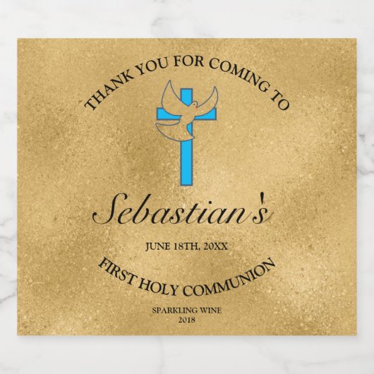 金ゴールドエレガントブルークロスドーヴ第1聖餐式 スパークリングワインラベル (シングルラベル)