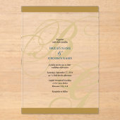 金ゴールドエレガントブルースクリプ結婚トモノグラム アクリル招待状 (正面)