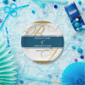 金ゴールドエレガントブルースクリプ結婚トモノグラム ペーパープレート (パーティー)