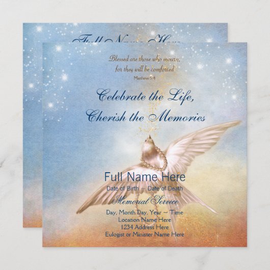 金ゴールドエレガントブルーハト愛の記憶の記念碑 招待状 (正面/裏面)