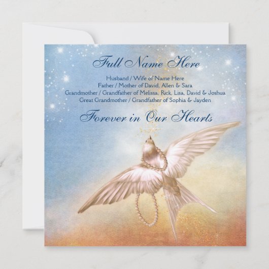 金ゴールドエレガントブルーハト愛の記憶の記念碑 招待状 (裏面)