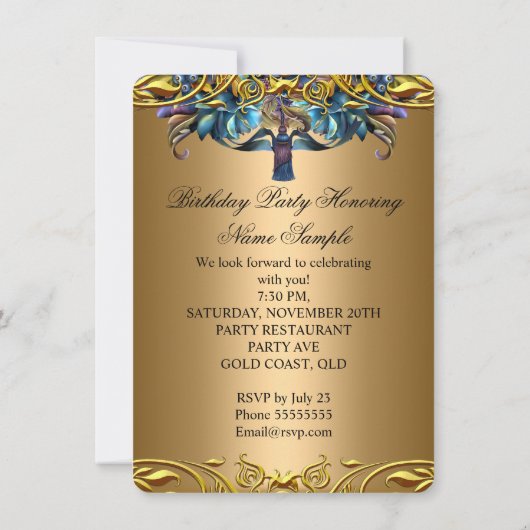 金ゴールドエレガントブルーバードブラック70誕生日 招待状 (裏面)