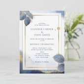 金ゴールドエレガントブルーマーブルボタニカル結婚ズ 招待状 (スタンド正面)