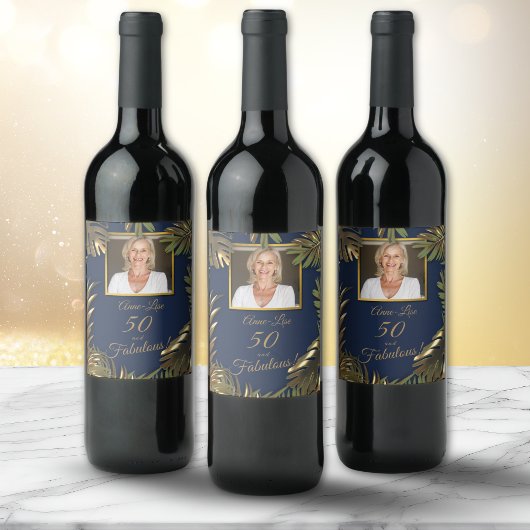 金ゴールドエレガントブルー写真50素晴らしい誕生日 ワインラベル
