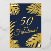 金ゴールドエレガントブルー写真50th素晴らしい誕生日 箔招待状 (正面)