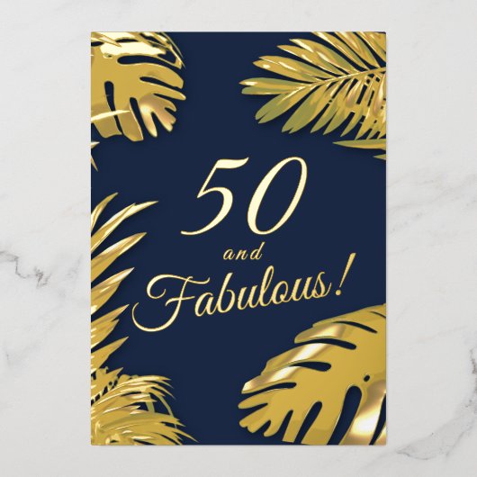 金ゴールドエレガントブルー写真50th素晴らしい誕生日 箔招待状 (正面)