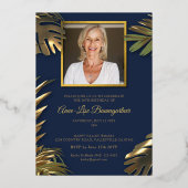 金ゴールドエレガントブルー写真50th素晴らしい誕生日 箔招待状 (裏面)