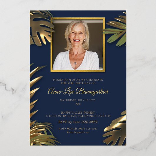 金ゴールドエレガントブルー写真50th素晴らしい誕生日 箔招待状 (裏面)