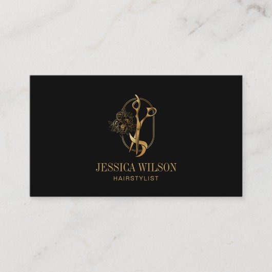 金ゴールドエレガントヘアスタイリストはさみフローラQRコード 名刺 (正面)