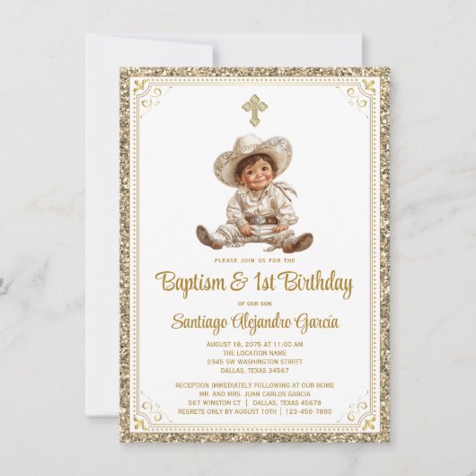 金ゴールドエレガントベビーシャーロバプティスマ&誕生日 招待状 (正面)