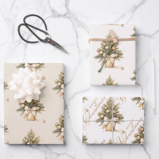 金ゴールドエレガントベージュクリスマスツリー書 ラッピングペーパーシート (正面)