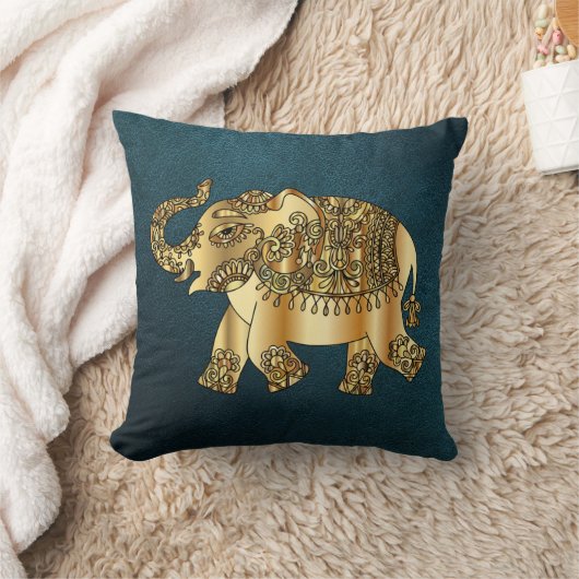 金ゴールドエレガントペイズリーゾウ、グリーンレザールック クッション (ブランケット)