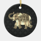 金ゴールドエレガントペイズリーフローラゾウ、ブラックダマスク セラミックオーナメント (正面)