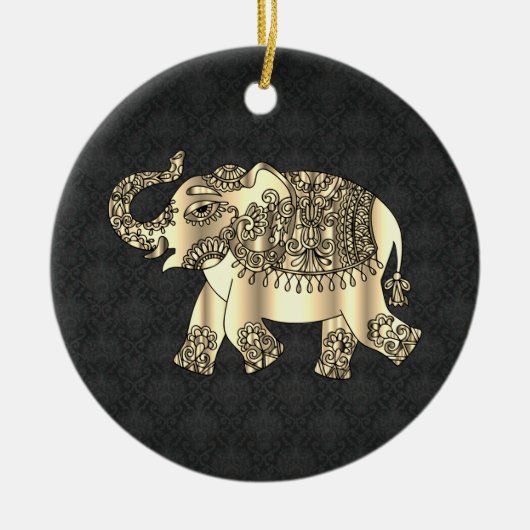 金ゴールドエレガントペイズリーフローラゾウ、ブラックダマスク セラミックオーナメント (正面)