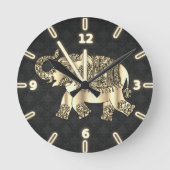 金ゴールドエレガントペイズリーフローラゾウ、ブラックダマスク ラウンド壁時計 (正面)
