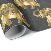 金ゴールドエレガントペイズリーフローラゾウ、ブラックダマスク ラッピングペーパー (ロールコーナー)