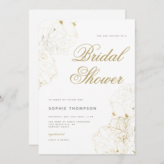金ゴールドエレガントペニーフローラスケッチブライダルシャワー 招待状 (正面/裏面)