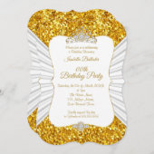 金ゴールドエレガントホワイトグリッターティアラ誕生日パーティー 招待状 (正面/裏面)