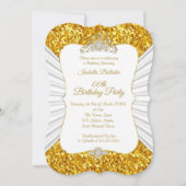 金ゴールドエレガントホワイトグリッターティアラ誕生日パーティー 招待状 (正面)