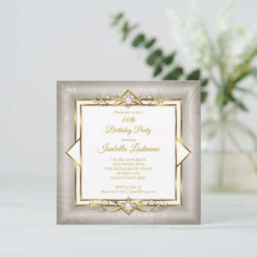 金ゴールドエレガントホワイトグレーパールバースデーパーティー 招待状 (スタンド正面)