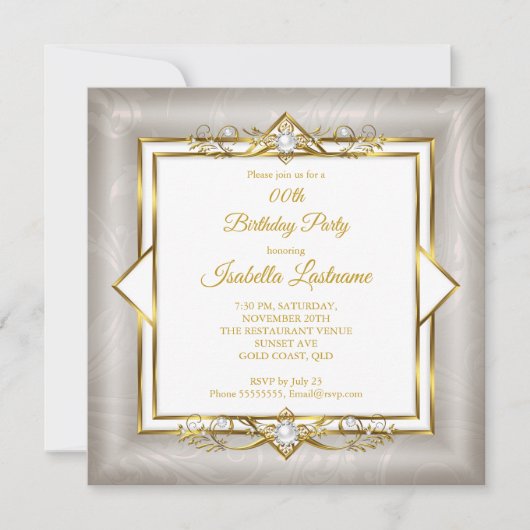 金ゴールドエレガントホワイトグレーパールバースデーパーティー 招待状 (正面)