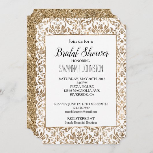 金ゴールドエレガントホワイトシックダマスクブライダルシャワー 招待状 (正面/裏面)
