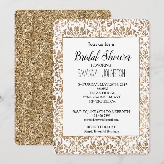 金ゴールドエレガントホワイトシックダマスクブライダルシャワー 招待状 (正面/裏面)