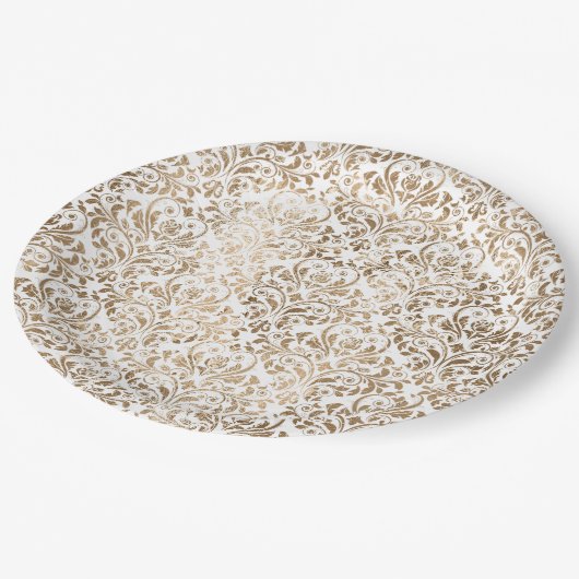 金ゴールドエレガントホワイトシックダマスク ペーパープレート (アングル)