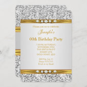 金ゴールドエレガントホワイトシルバーグリッターダイヤモンド誕生日 招待状 (正面/裏面)