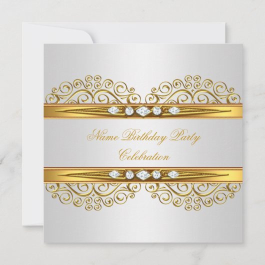 金ゴールドエレガントホワイトシルバーダイヤモンド誕生日 招待状 (裏面)