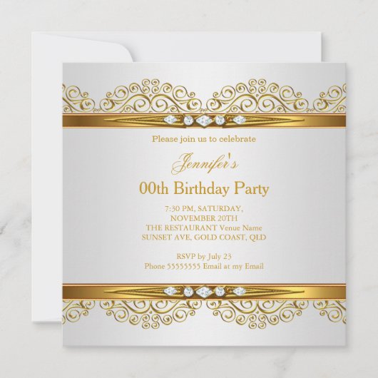 金ゴールドエレガントホワイトシルバーダイヤモンド誕生日 招待状 (正面)