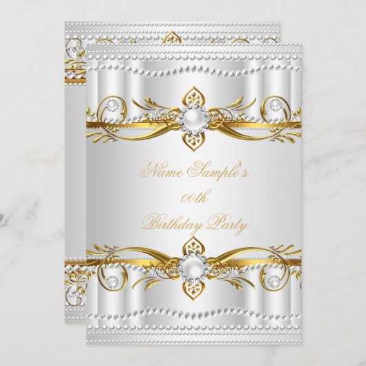 金ゴールドエレガントホワイトシルバーパールシルク誕生日3 招待状 (正面/裏面)