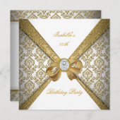 金ゴールドエレガントホワイトダイヤモンドダマスク誕生日パーティー 招待状 (正面/裏面)