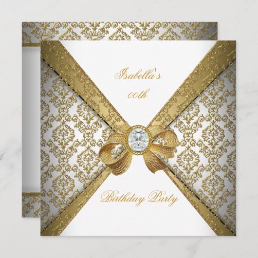 金ゴールドエレガントホワイトダイヤモンドダマスク誕生日パーティー 招待状 (正面/裏面)