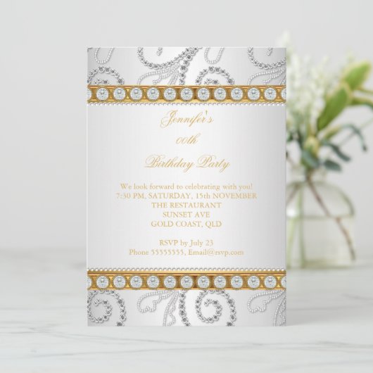 金ゴールドエレガントホワイトダイヤモンドパールバースデーパーティー 招待状 (スタンド正面)