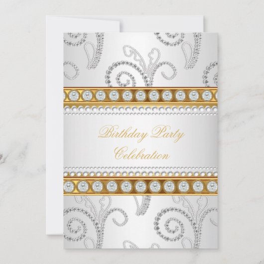 金ゴールドエレガントホワイトダイヤモンドパールバースデーパーティー 招待状 (裏面)