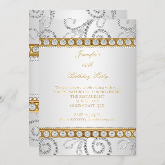 金ゴールドエレガントホワイトダイヤモンドパールバースデーパーティー 招待状 (正面/裏面)