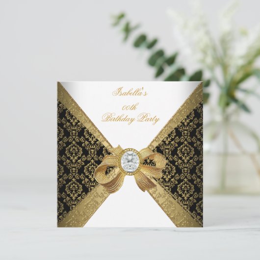 金ゴールドエレガントホワイトダイヤモンドブラックバースデーパーティー 招待状 (スタンド正面)
