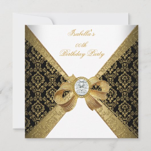 金ゴールドエレガントホワイトダイヤモンドブラックバースデーパーティー 招待状 (正面)