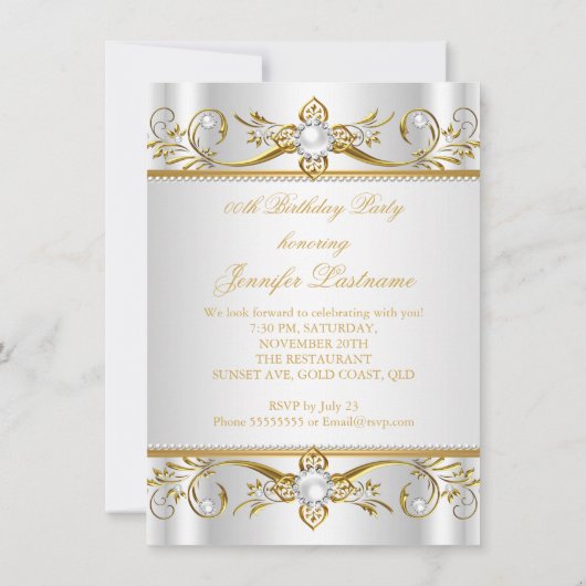 金ゴールドエレガントホワイトパールシルクバースデーパーティー 招待状 (裏面)